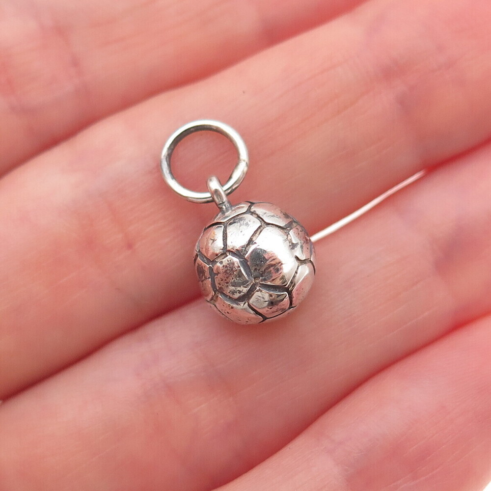 925 Sterling Silver Vintage Soccer Ball Oxidized 3D Charm Pendant
